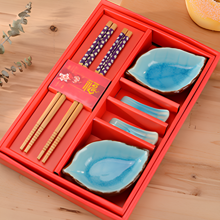 Набор посуды Листья голубой